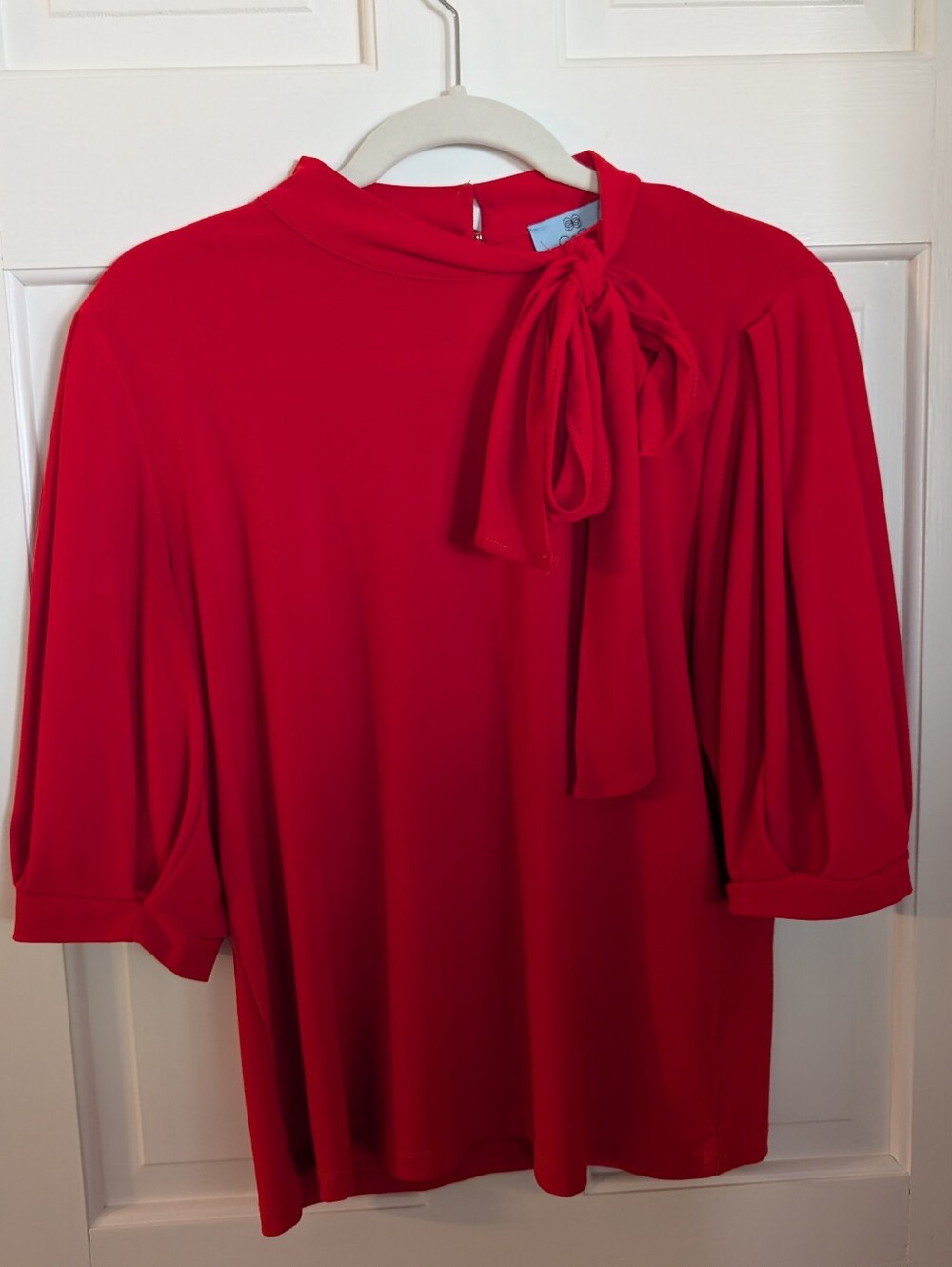 CeCe Red Tie-Neck Blouse with Puff Sleeves
